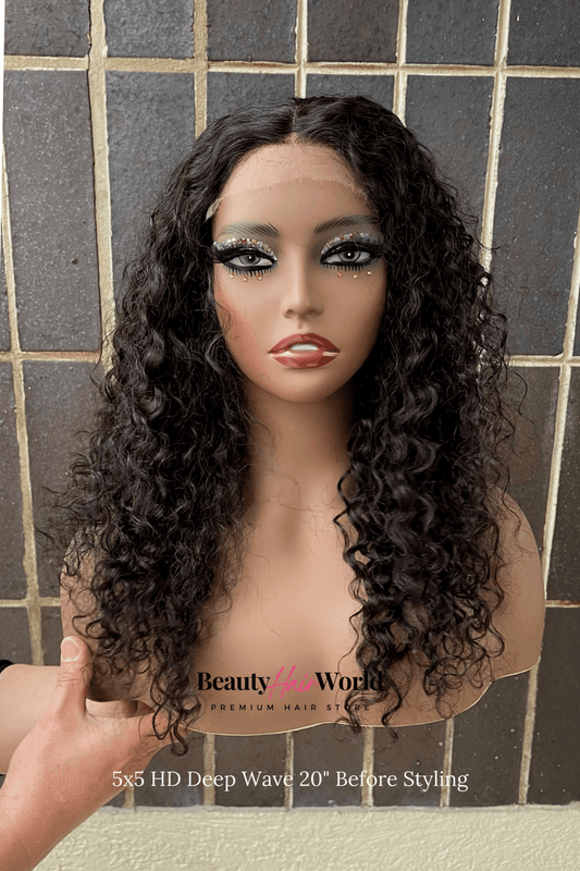 Glueless HD LACE WIG 5X5 DEEP CURLY #1B